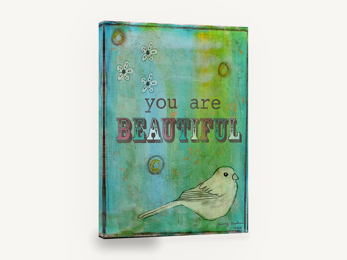 Beautiful Bird Affirmation, you are beautiful bird typography illustration, animal canvas wall art print ready to hang