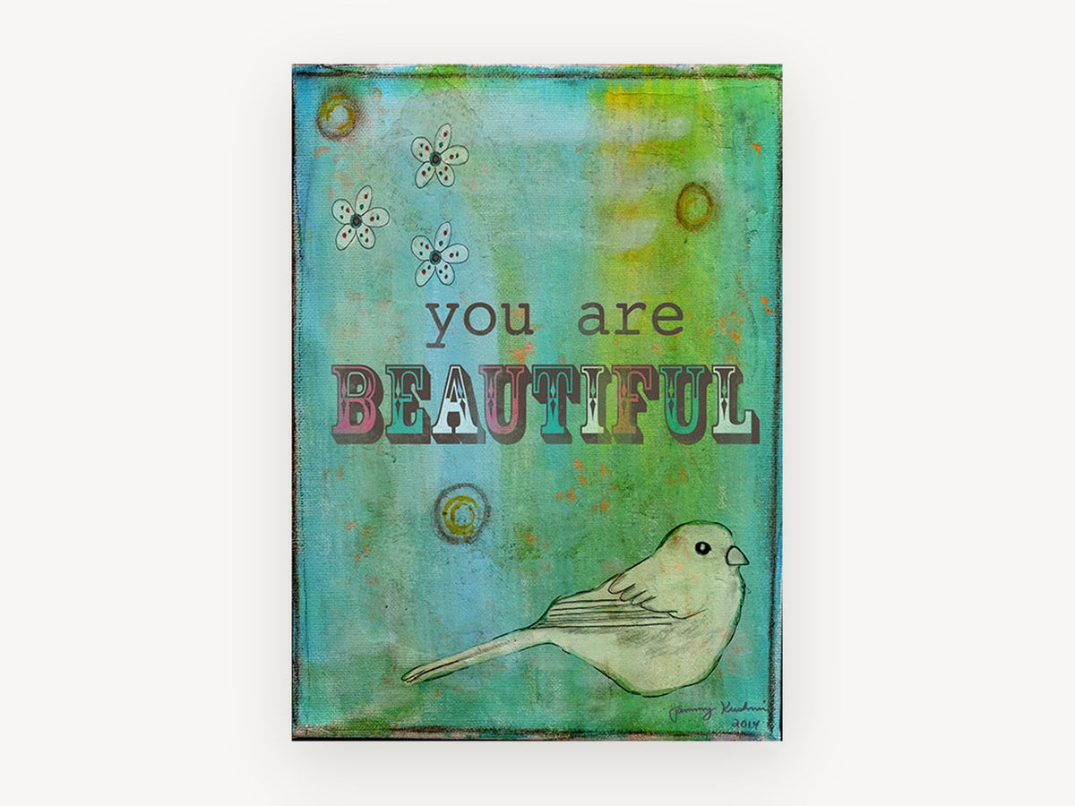 Beautiful Bird Affirmation, you are beautiful bird typography illustration, animal canvas wall art print, front view