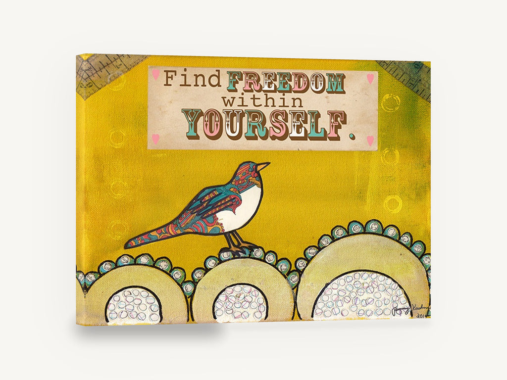 Bird Finding Freedom, folk art bird quote illustration, animal canvas wall art print ready to hang