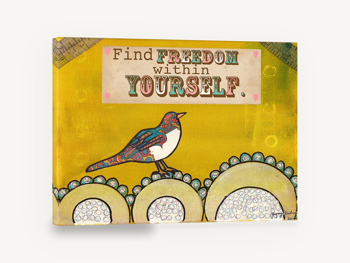 Bird Finding Freedom, folk art bird quote illustration, animal canvas wall art print ready to hang
