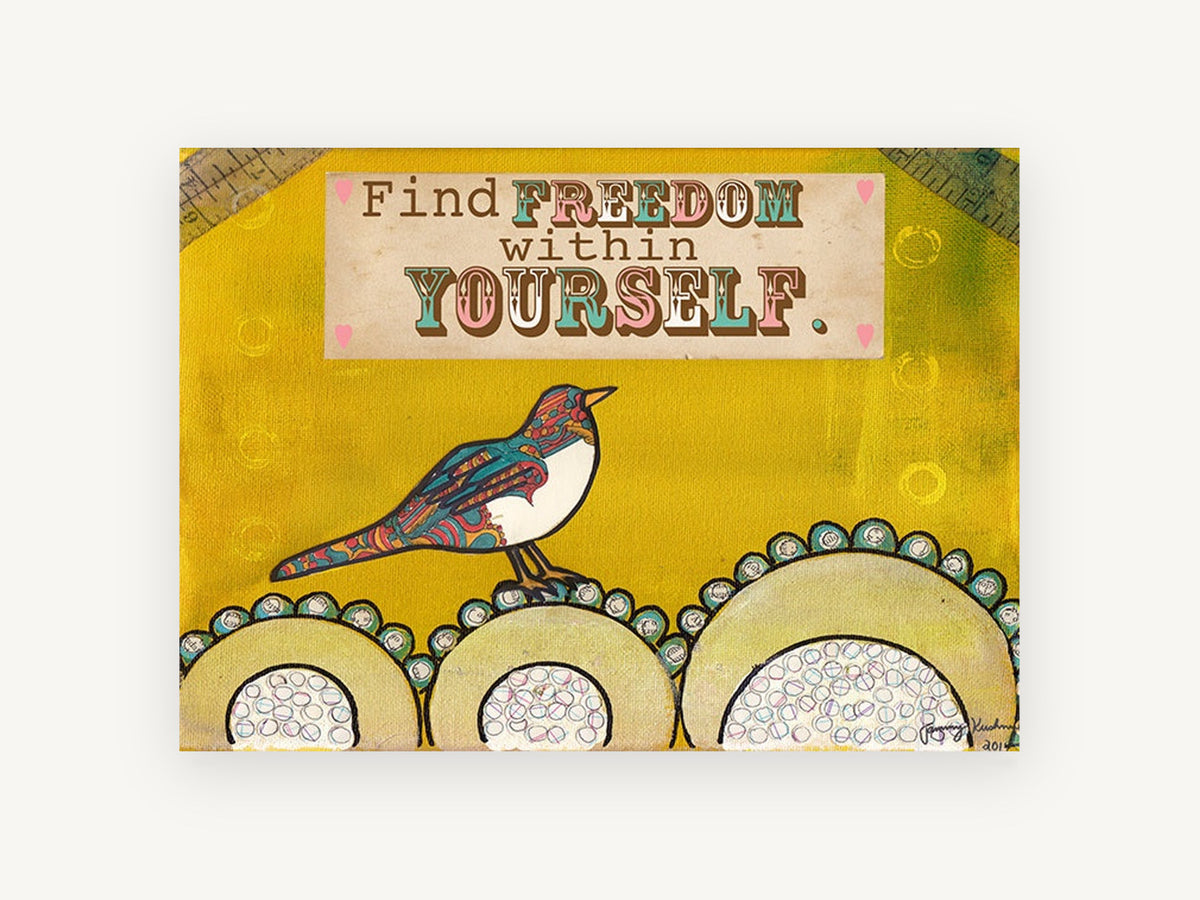 Bird Finding Freedom, folk art bird quote illustration, animal canvas wall art print, front view