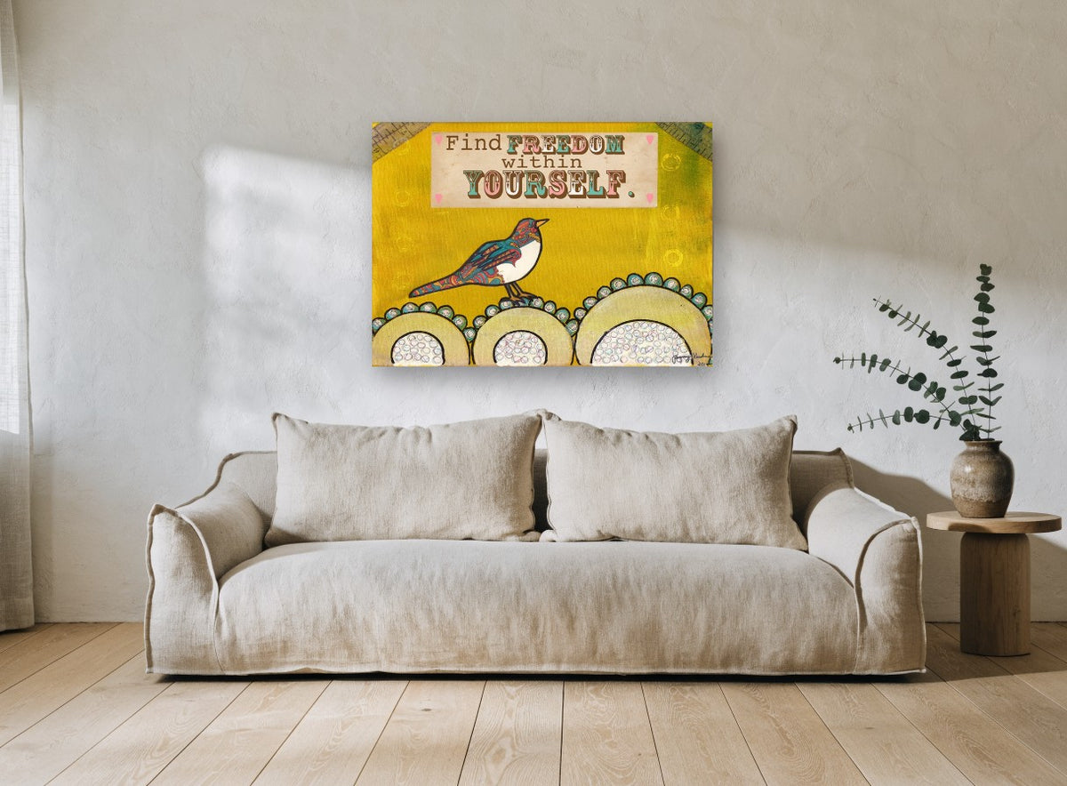 Bird Finding Freedom animal canvas print on the wall of a living room