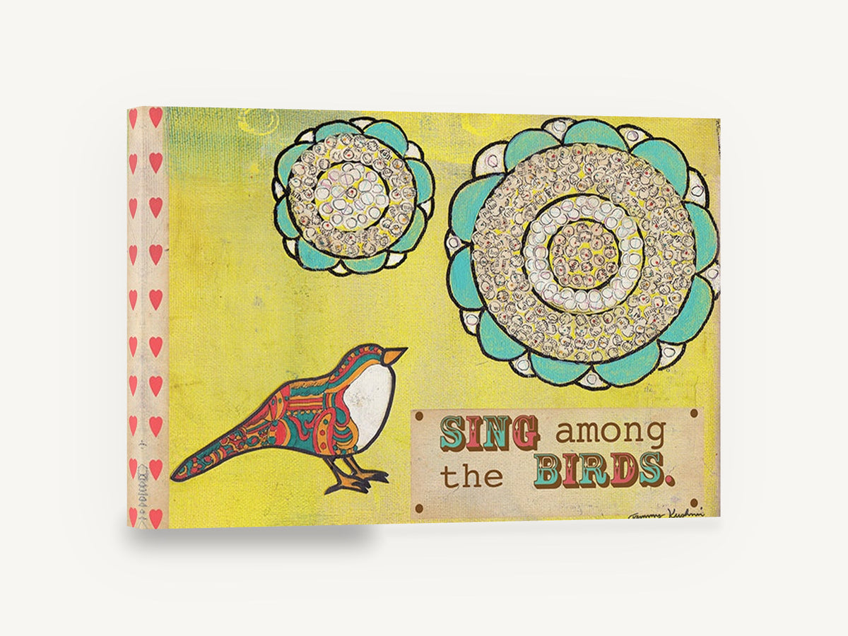 Sing Among Birds, folk art bird quote illustration, animal canvas wall art print ready to hang