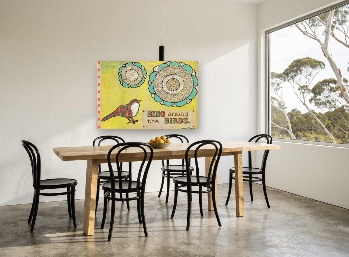 Sing Among Birds animal canvas print on the wall of a dining room