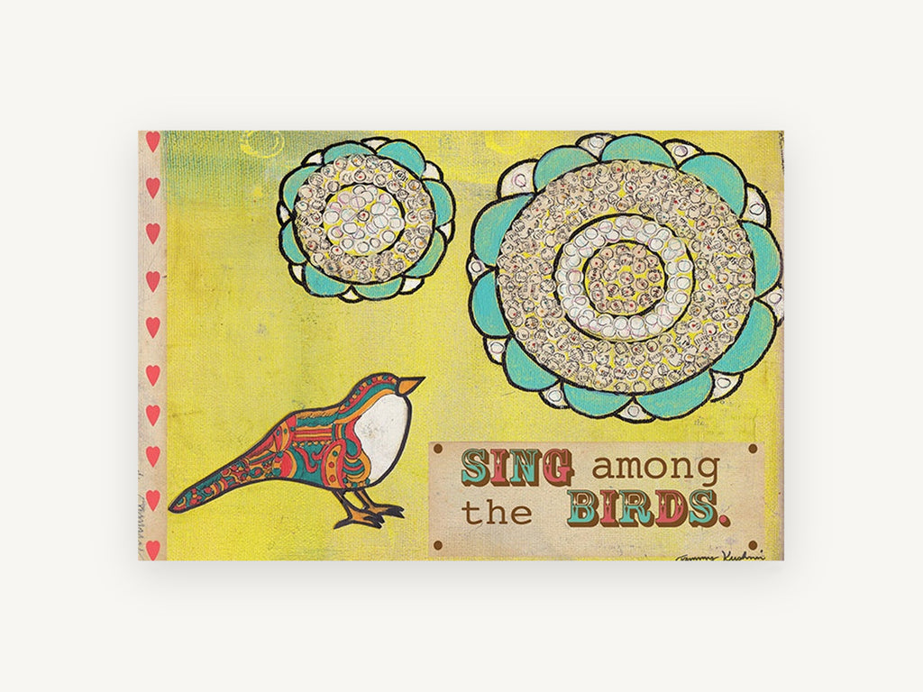 Sing Among Birds, folk art bird quote illustration, animal canvas wall art print, front view