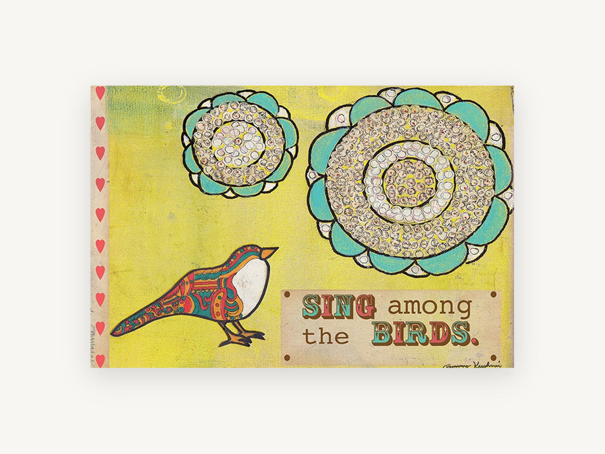 Sing Among Birds, folk art bird quote illustration, animal canvas wall art print, front view
