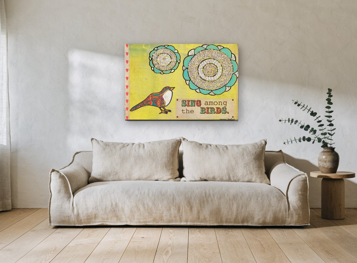 Sing Among Birds animal canvas print on the wall of a living room