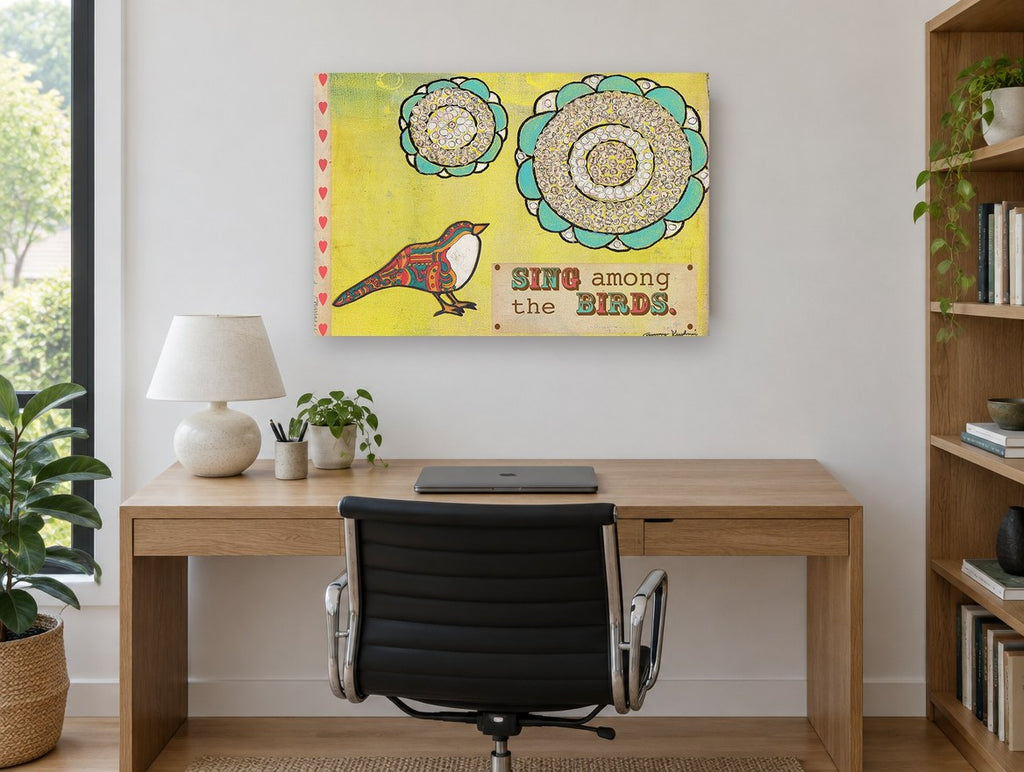 Sing Among Birds animal canvas print on the wall of a study