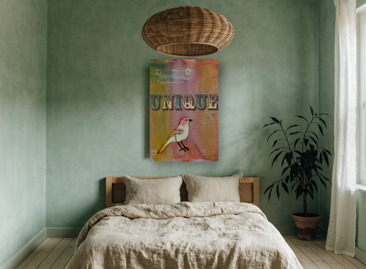Unique Little Bird animal canvas print on the wall of a bedroom