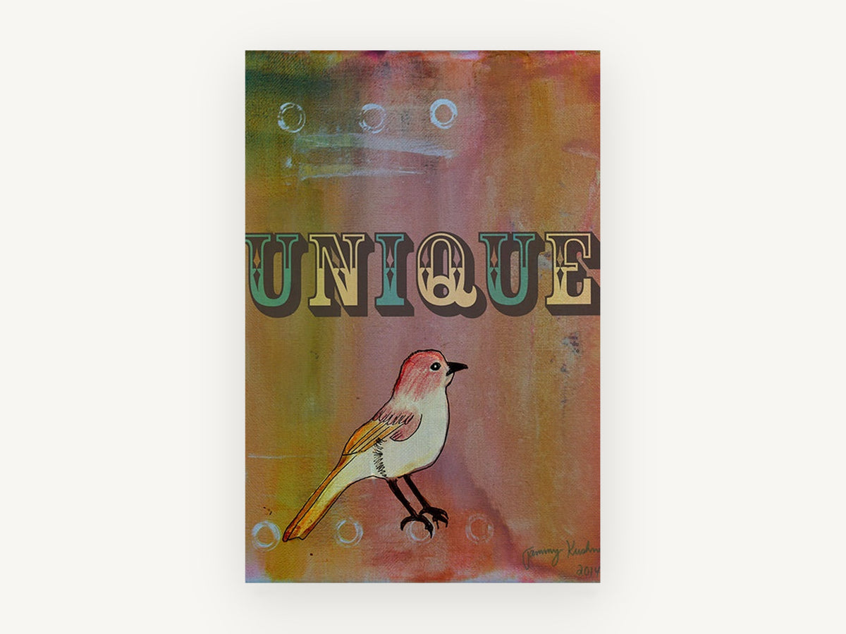 Unique Little Bird, unique typography bird illustration, animal canvas wall art print, front view