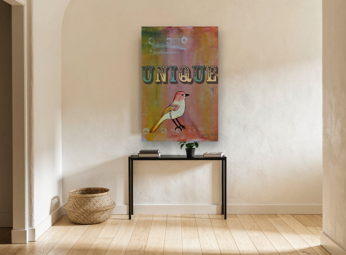 Unique Little Bird animal canvas print on the wall of a hallway