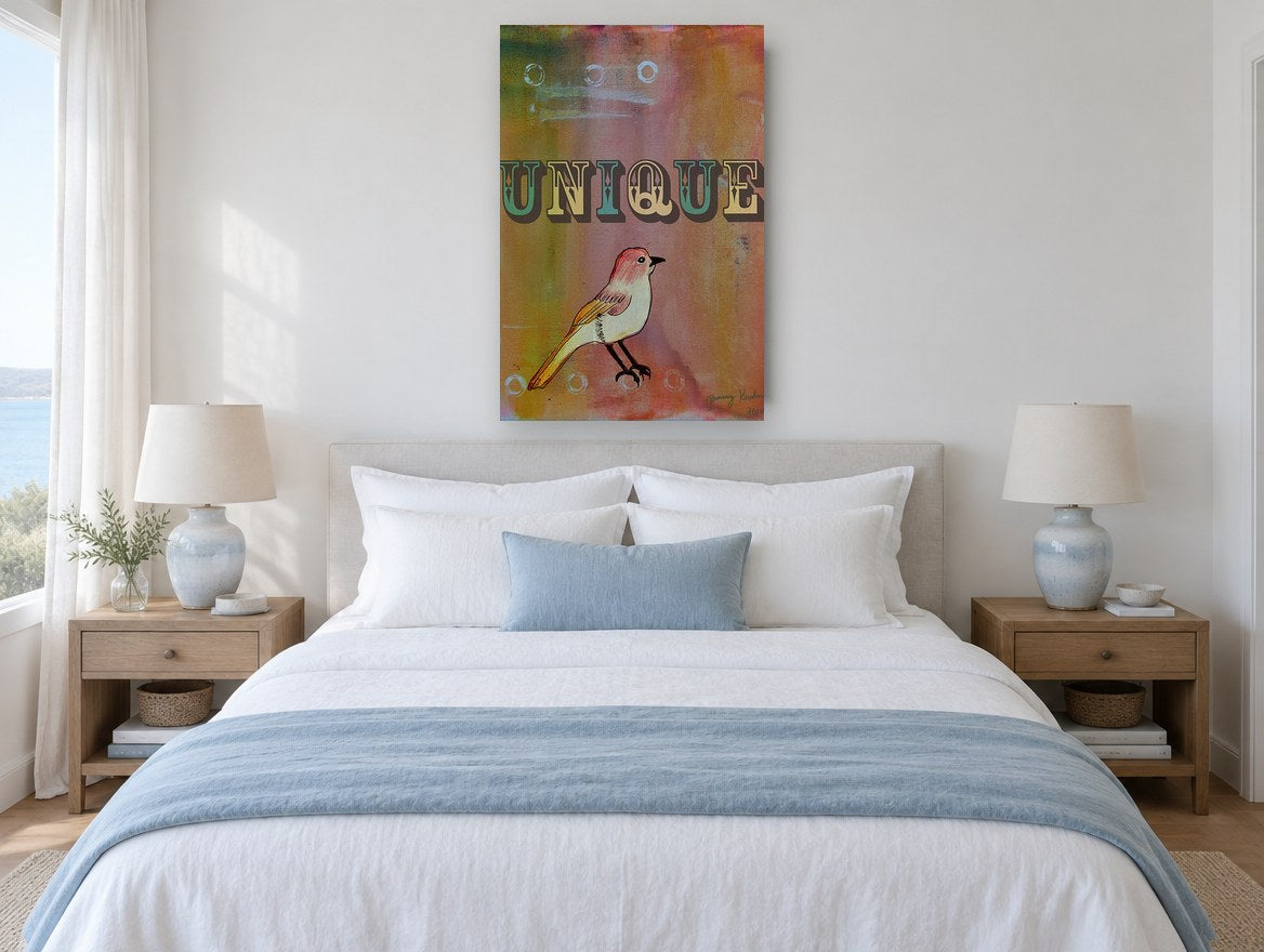 Unique Little Bird animal canvas print on the wall of a bedroom