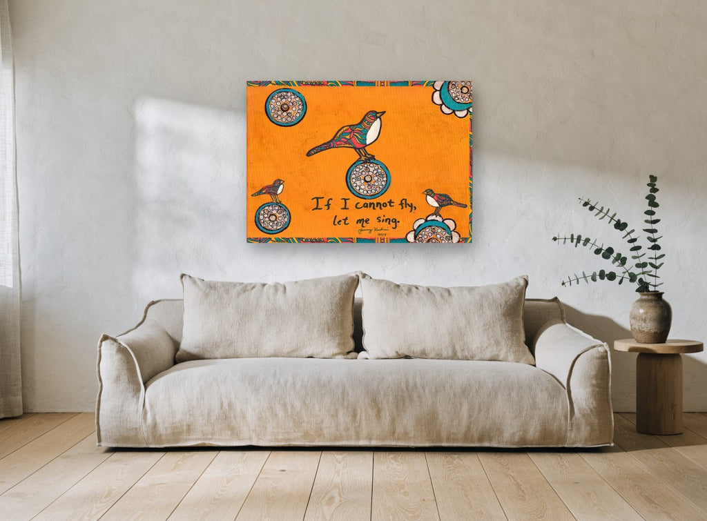 Let Me Sing Birds animal canvas print on the wall of a living room