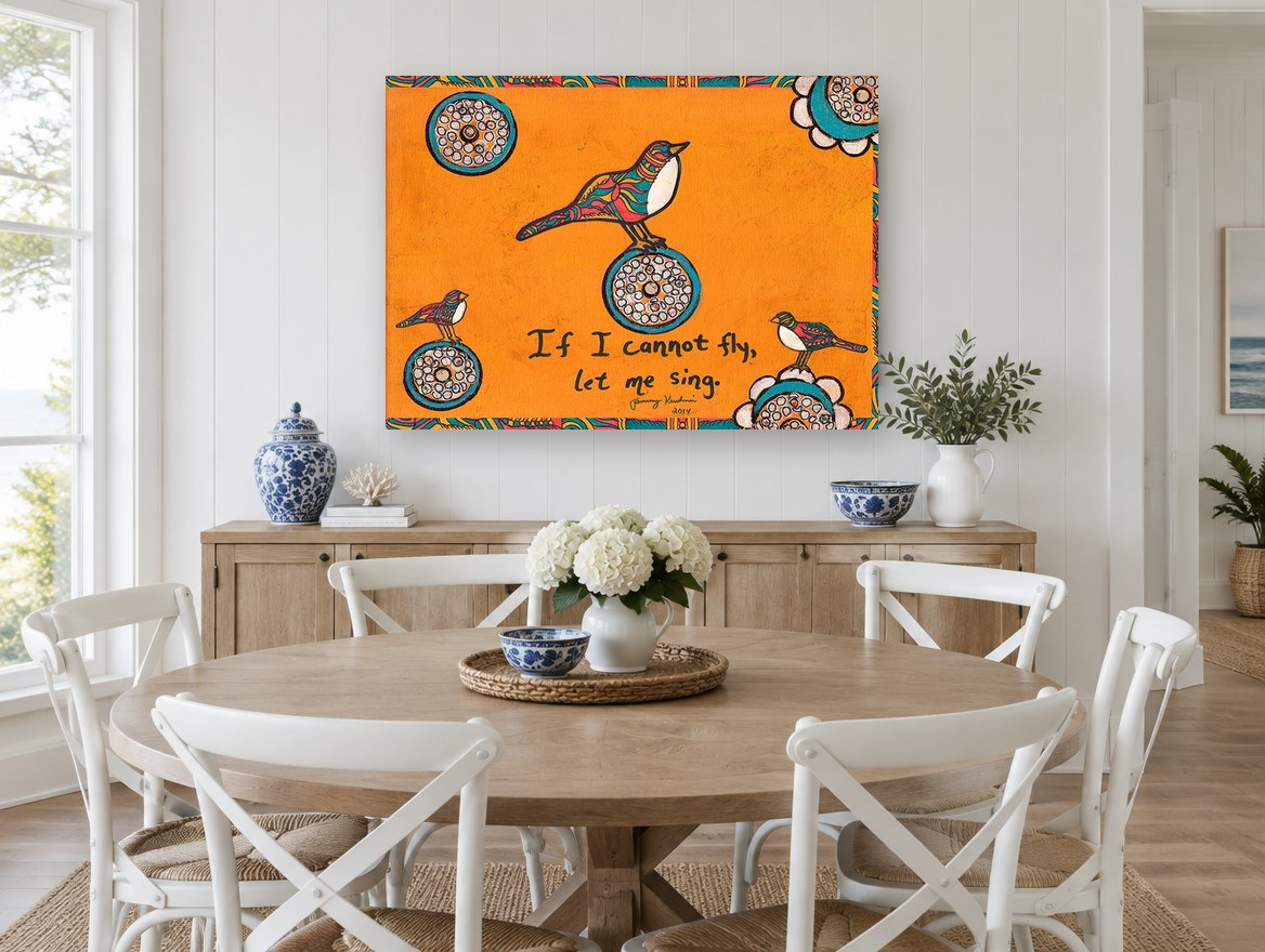 Let Me Sing Birds animal canvas print on the wall of a Hamptons dining room
