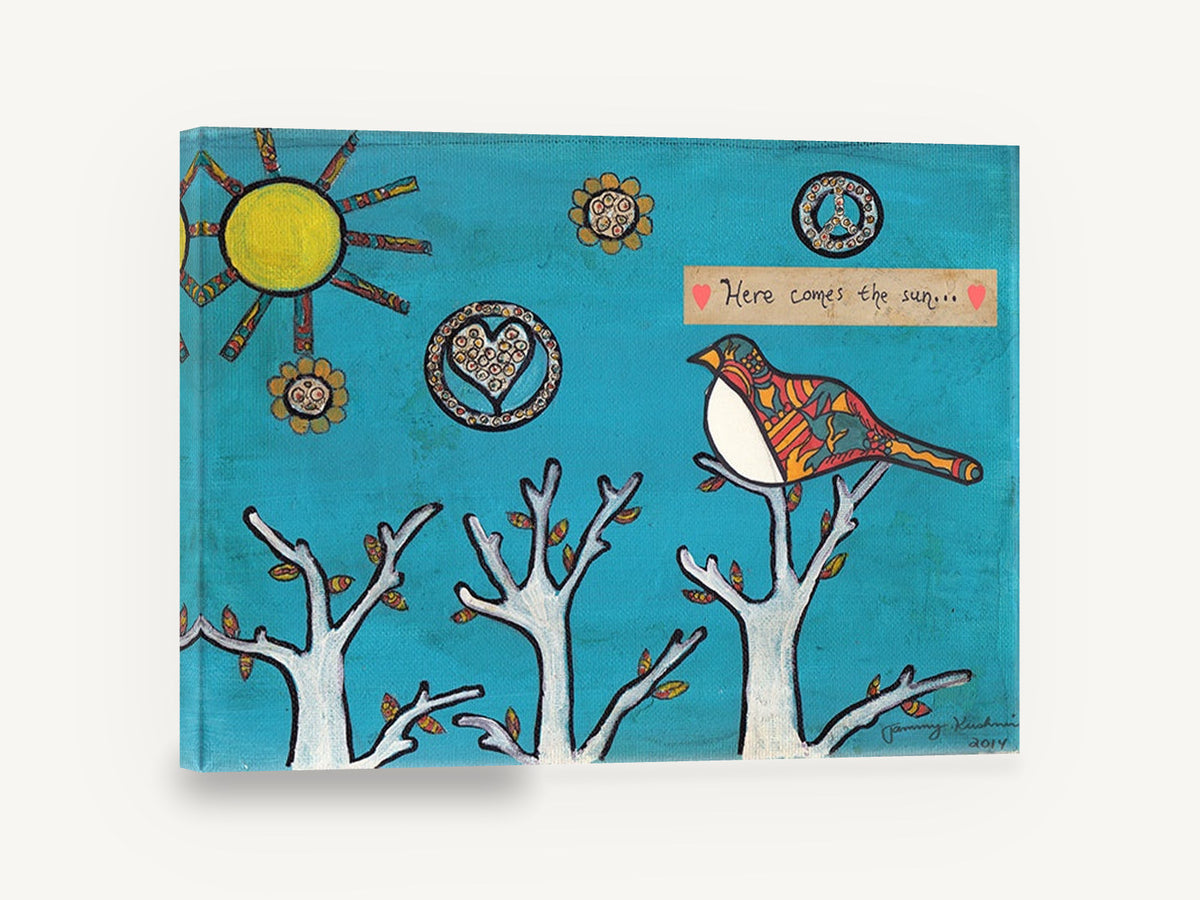 Bird Greeting the Sun, folk art bird and sun illustration, animal canvas wall art print ready to hang