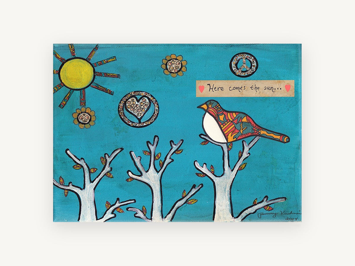 Bird Greeting the Sun, folk art bird and sun illustration, animal canvas wall art print, front view