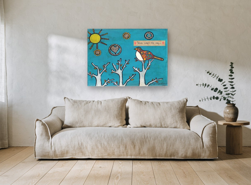 Bird Greeting the Sun animal canvas print on the wall of a living room
