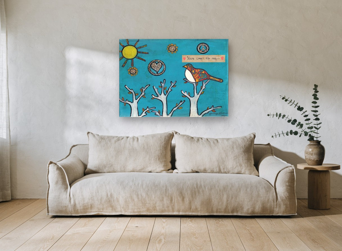 Bird Greeting the Sun animal canvas print on the wall of a living room