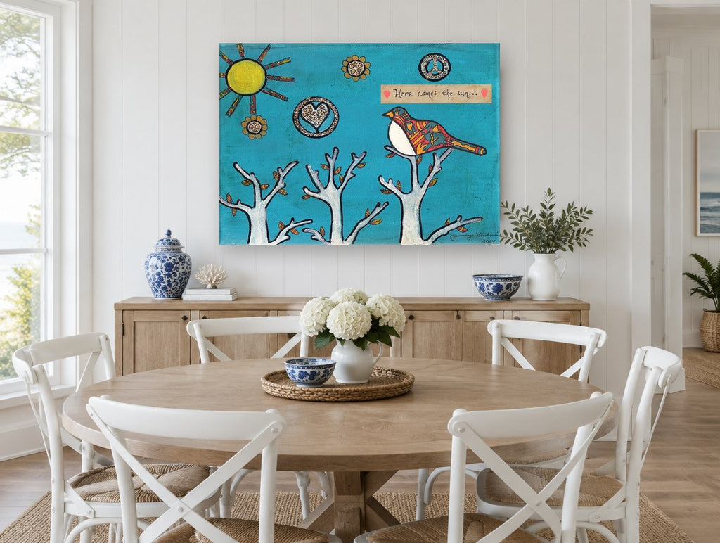 Bird Greeting the Sun animal canvas print on the wall of a Hamptons dining room
