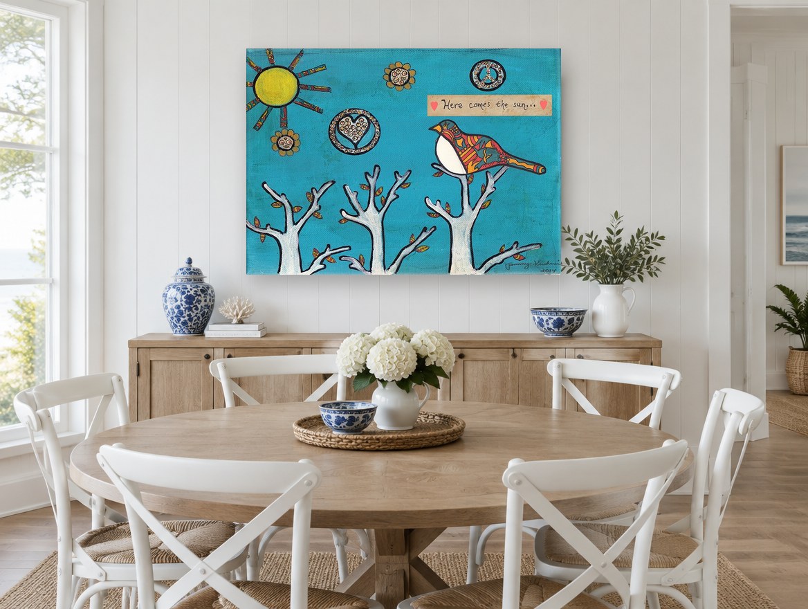 Bird Greeting the Sun animal canvas print on the wall of a Hamptons dining room