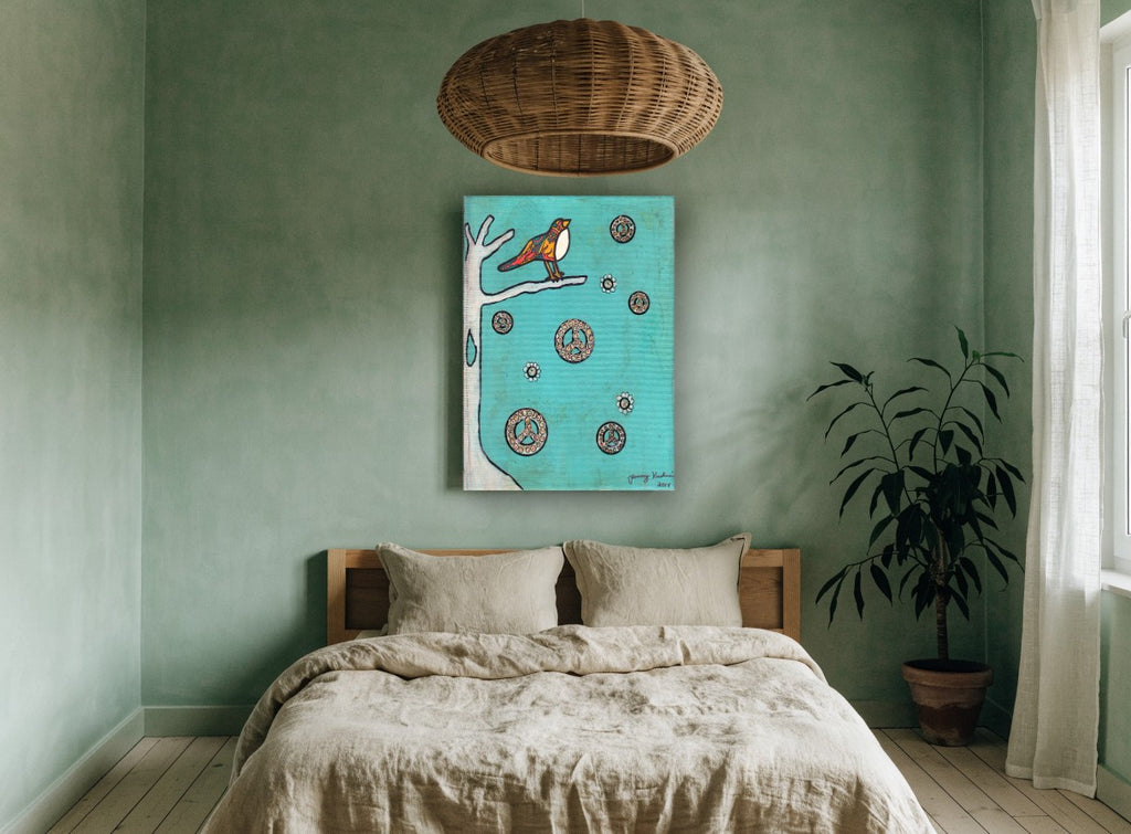 Peace Bird on Teal animal canvas print on the wall of a bedroom