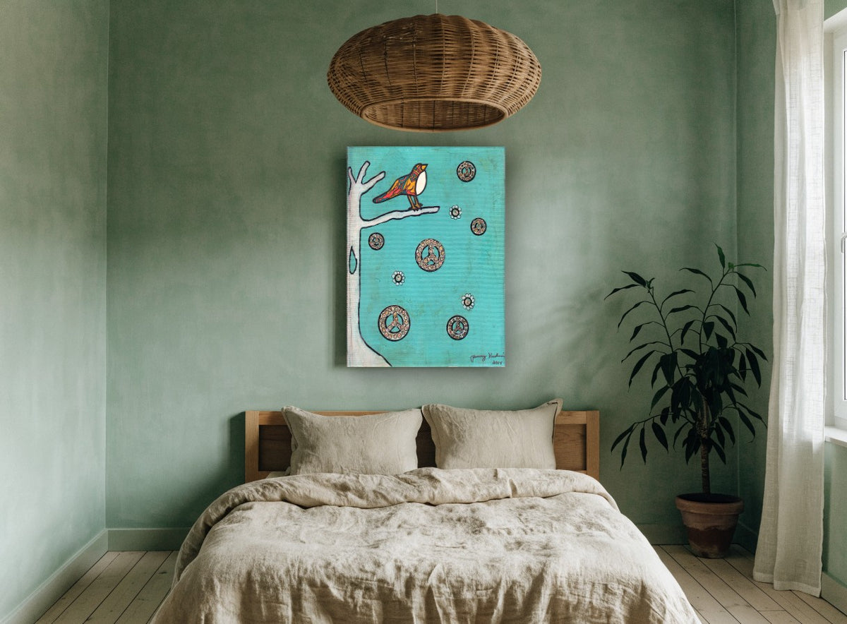 Peace Bird on Teal animal canvas print on the wall of a bedroom