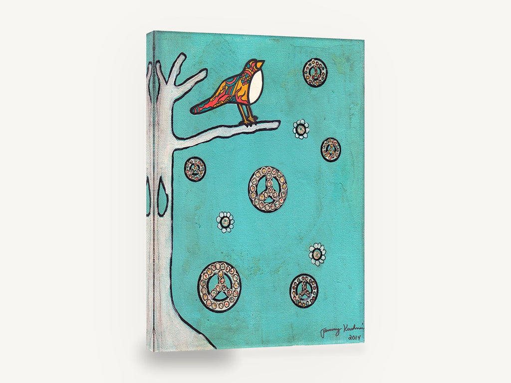 Peace Bird on Teal, peace sign bird folk illustration, animal canvas wall art print ready to hang