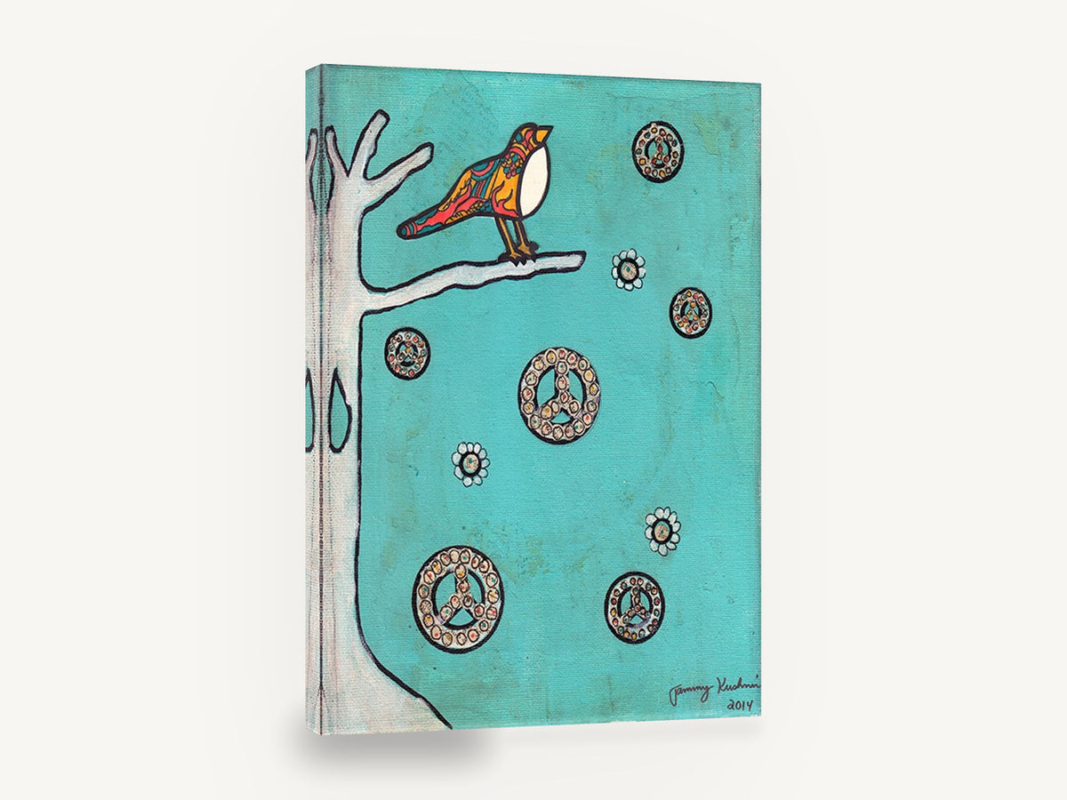 Peace Bird on Teal, peace sign bird folk illustration, animal canvas wall art print ready to hang