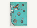 Peace Bird on Teal, peace sign bird folk illustration, animal canvas wall art print, front view