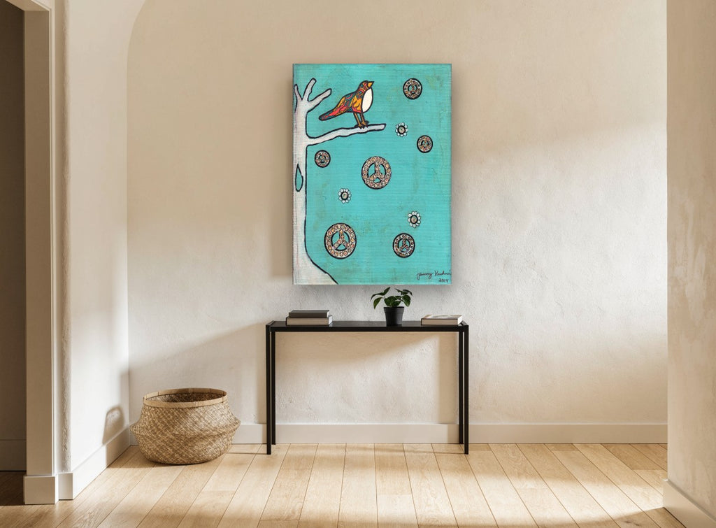 Peace Bird on Teal animal canvas print on the wall of a hallway