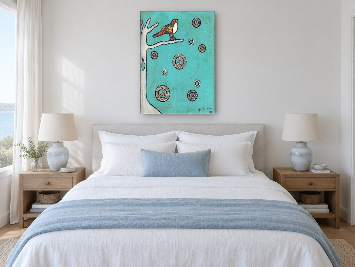 Peace Bird on Teal animal canvas print on the wall of a bedroom