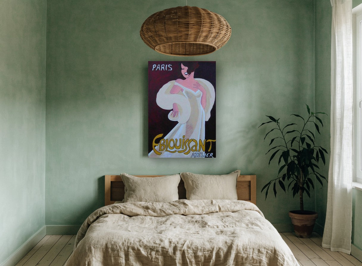 Eblouissant Paris Atelier vintage canvas print on the wall of a bedroom