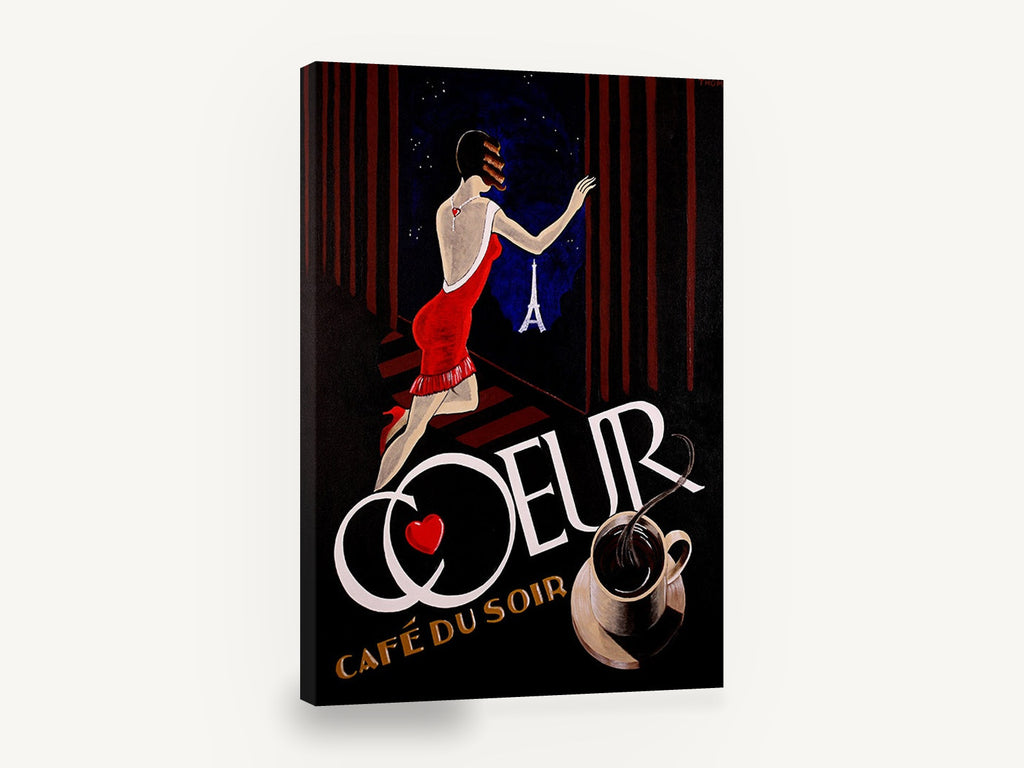 Coeur Night Window, retro paris cafe advertising poster, stretched canvas wall art print ready to hang