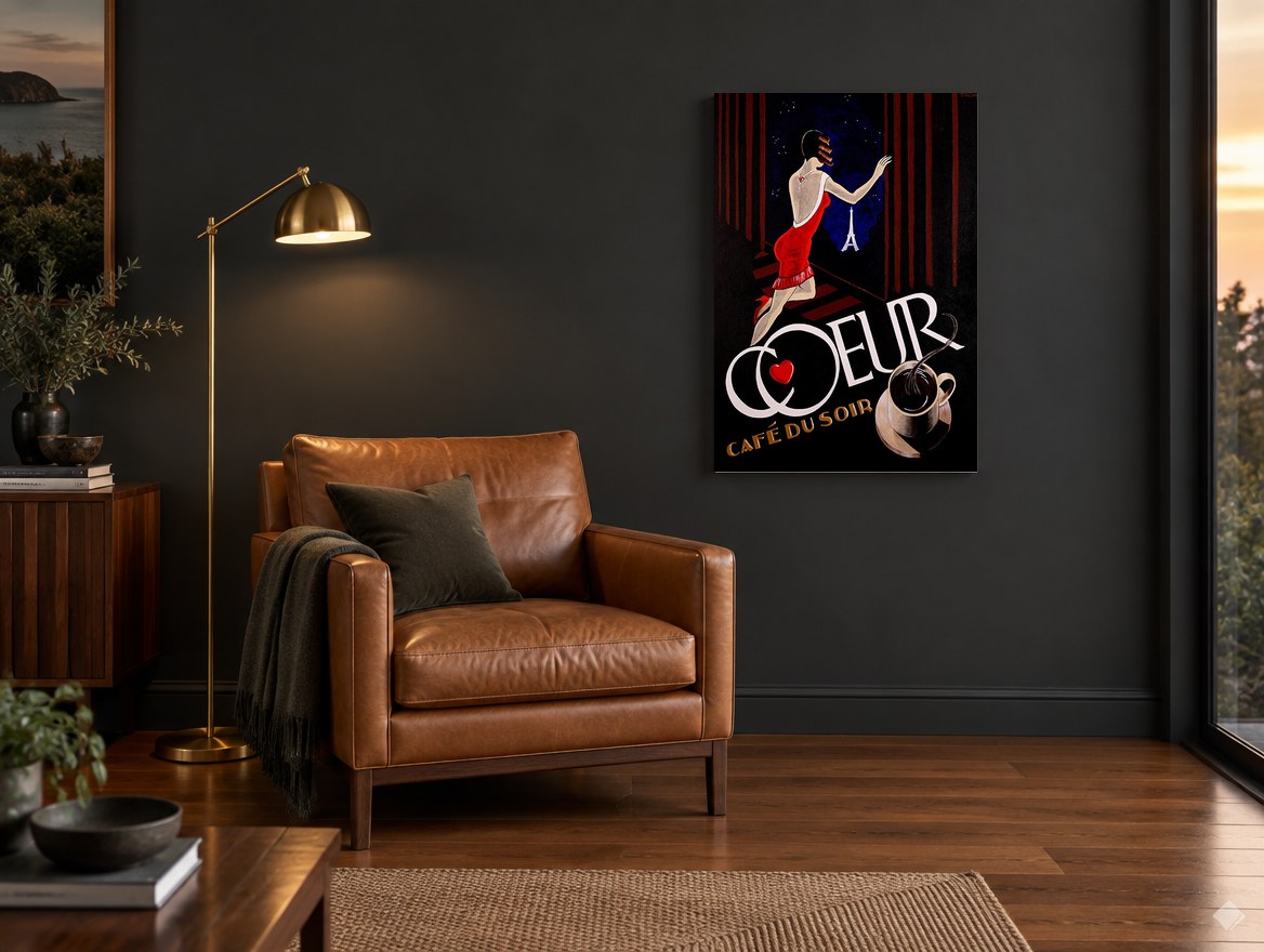 Coeur Night Window vintage canvas print on the wall of a charcoal living room
