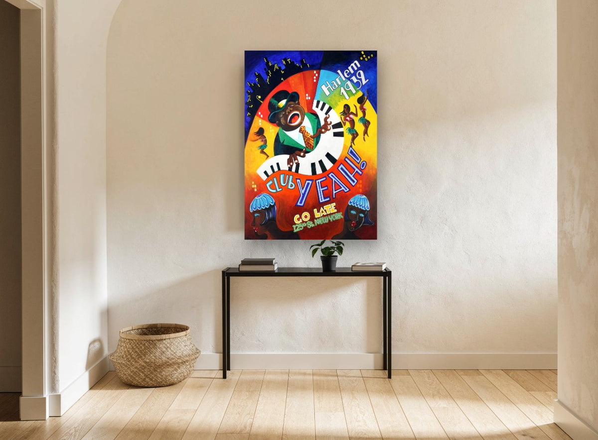 Club Yeah Harlem Nights vintage canvas print on the wall of a hallway