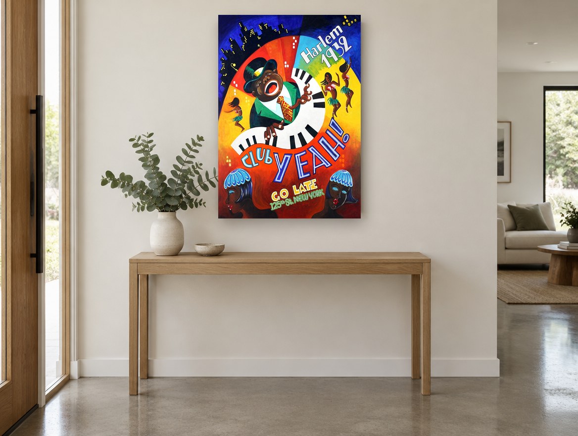 Club Yeah Harlem Nights vintage canvas print on the wall of a entry hall