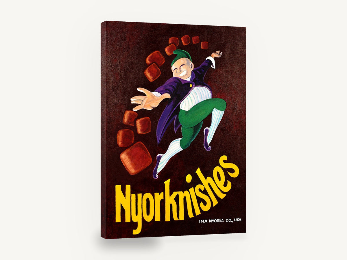 Leaping Nyorknishes Elf, retro nyorknishes confectionery advertising poster, stretched canvas wall art print ready to hang