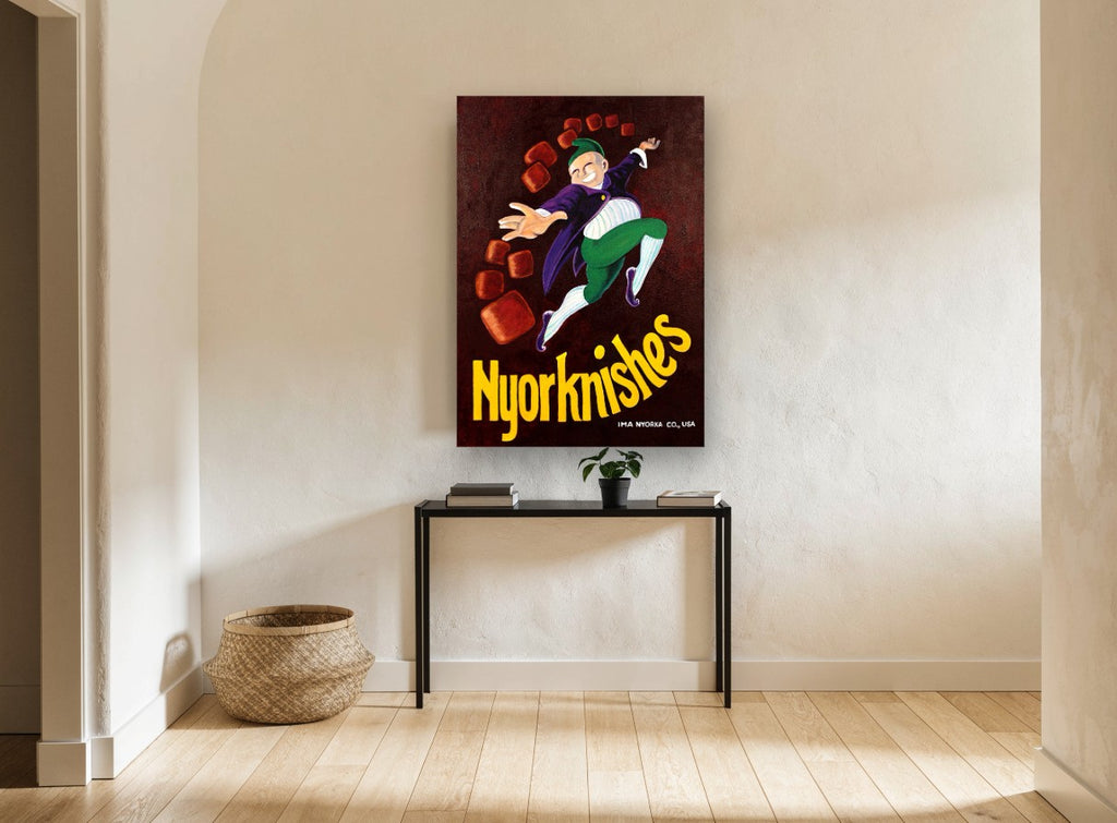Leaping Nyorknishes Elf vintage canvas print on the wall of a hallway