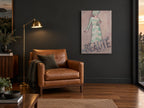 Mme Beauté Atelier vintage canvas print on the wall of a charcoal living room