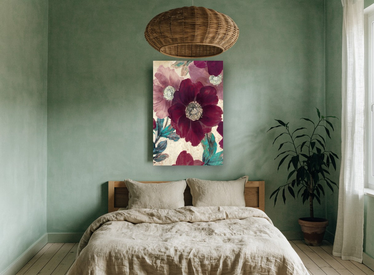Burgundy Poppy Bloom floral canvas print on the wall of a bedroom