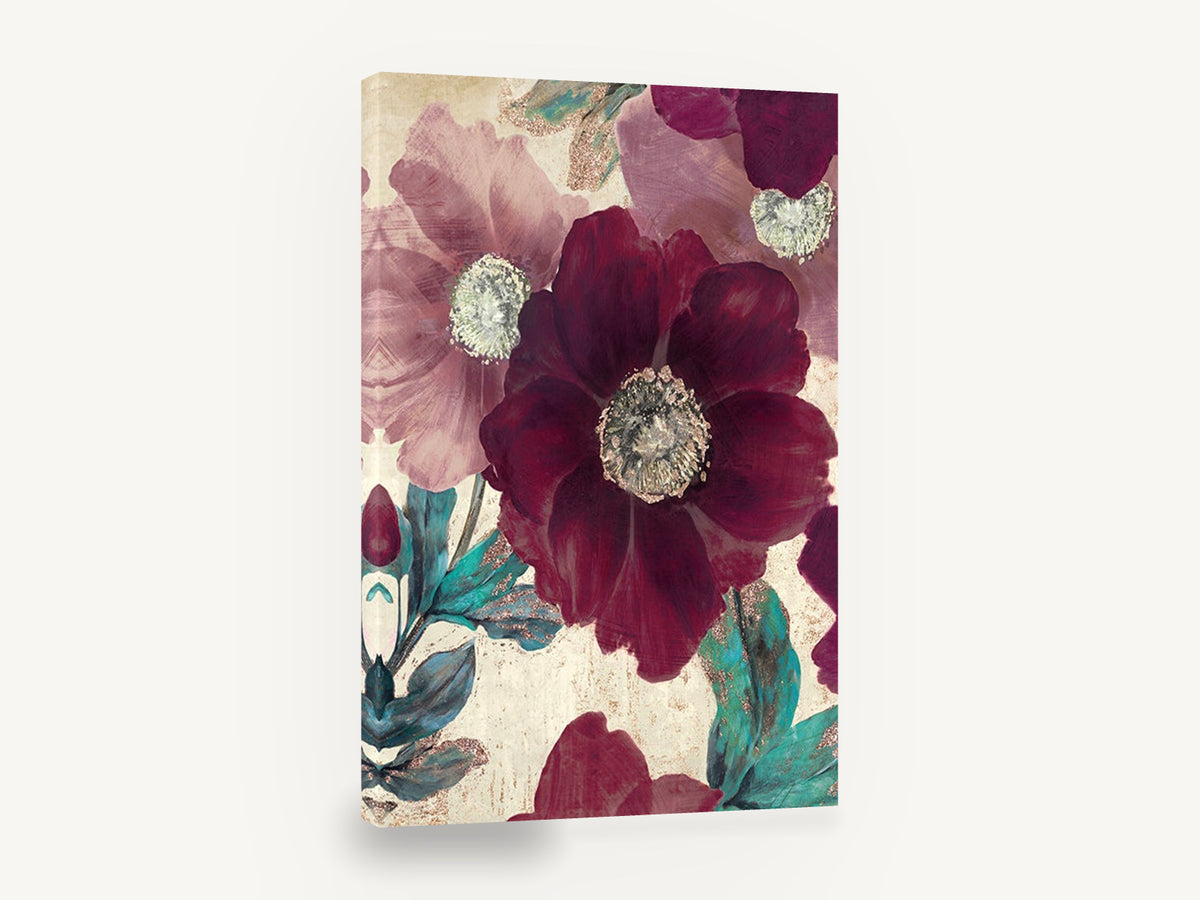 Burgundy Poppy Bloom, burgundy poppy floral teal leaves, floral canvas wall art print ready to hang