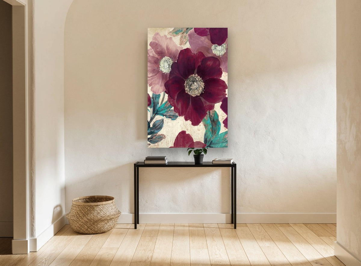 Burgundy Poppy Bloom floral canvas print on the wall of a hallway