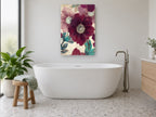 Burgundy Poppy Bloom floral canvas print on the wall of a bathroom