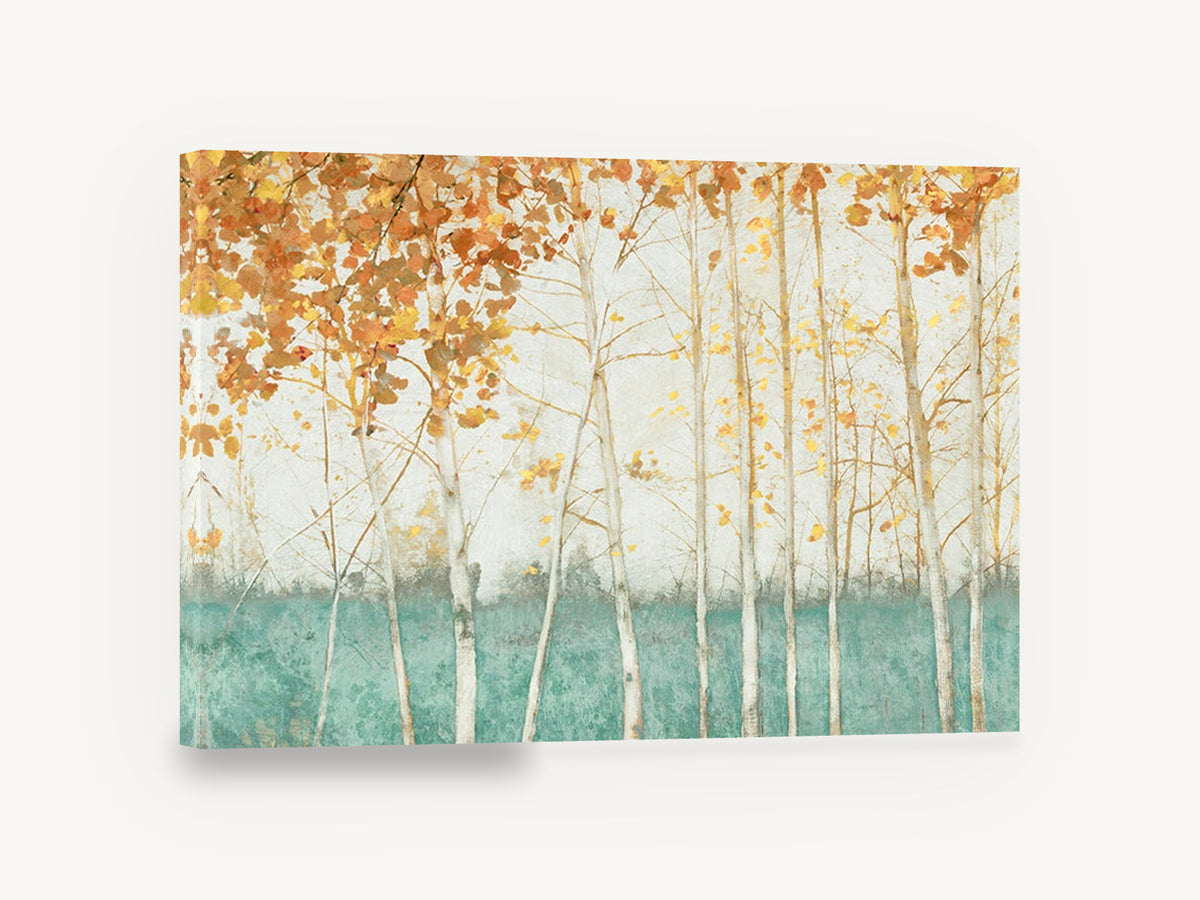 Teal Meadow Birches, autumn birch trees teal landscape, floral canvas wall art print ready to hang
