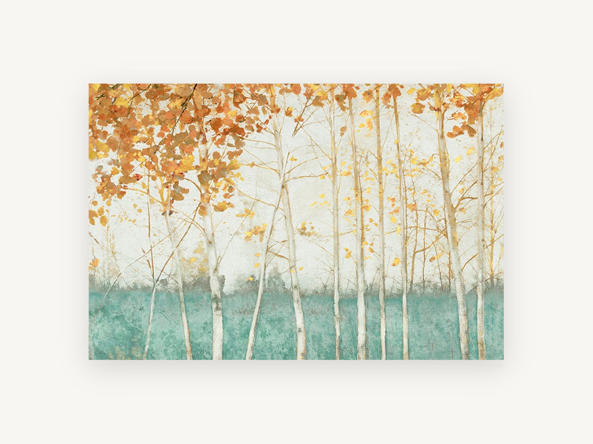 Teal Meadow Birches, floral canvas wall art print, front view