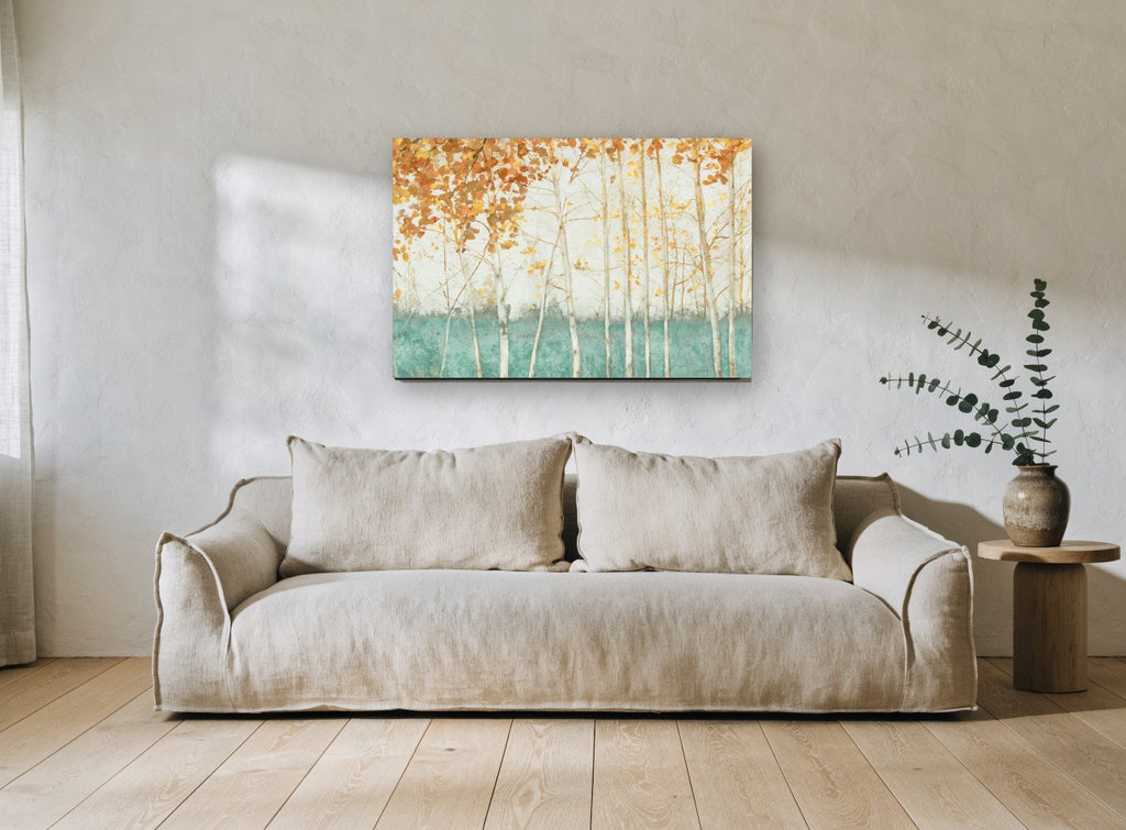 Teal Meadow Birches floral canvas print on the wall of a living room