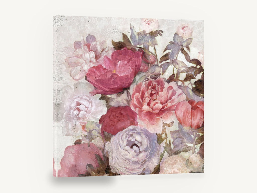 Blush Peony Bouquet, pink peony bouquet painterly floral, floral canvas wall art print ready to hang