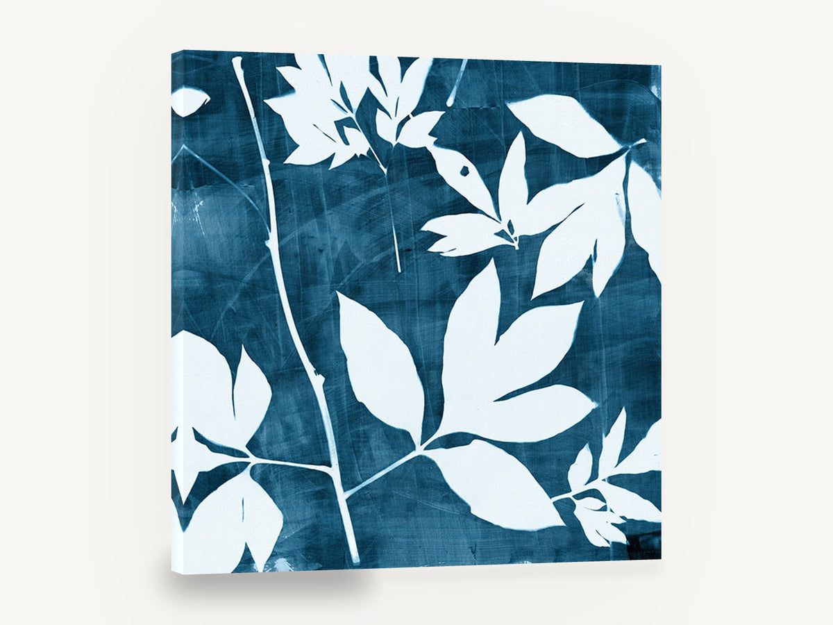 Indigo Leaf Silhouettes, indigo blue leaf cyanotype botanical, floral canvas wall art print ready to hang