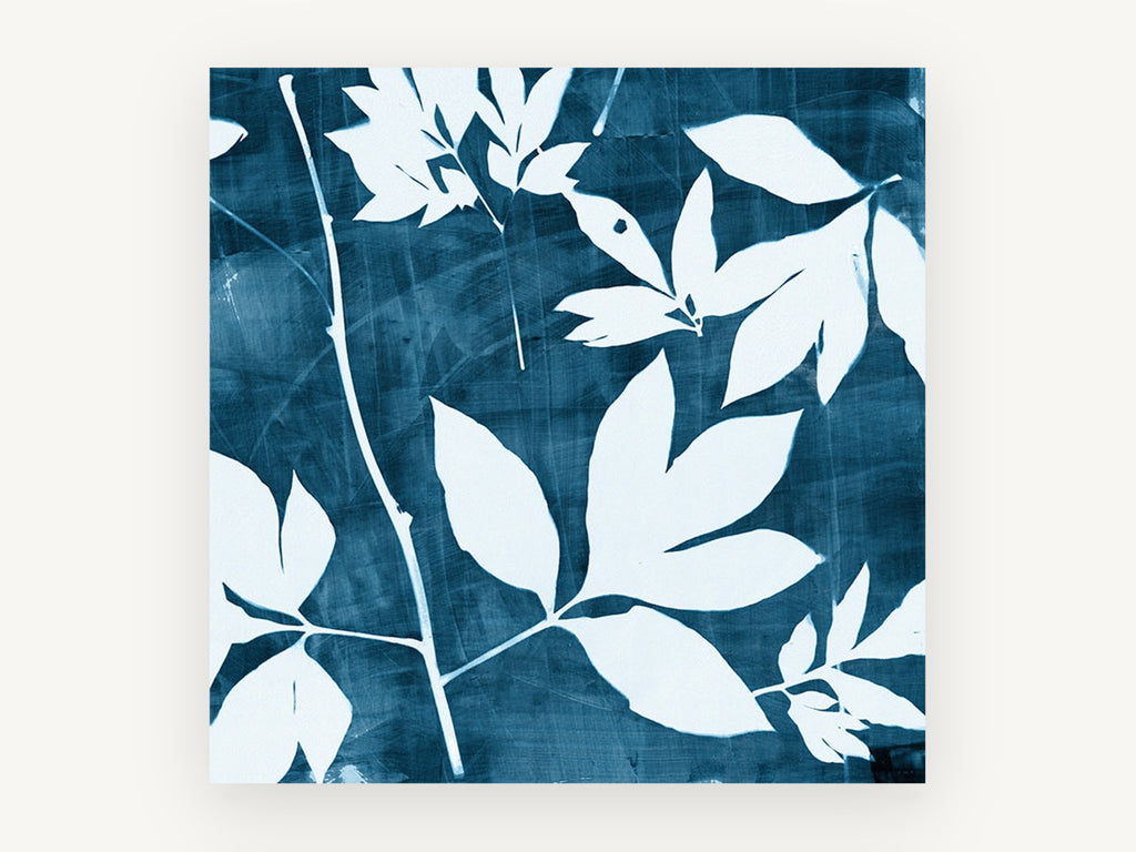 Indigo Leaf Silhouettes, floral canvas wall art print, front view