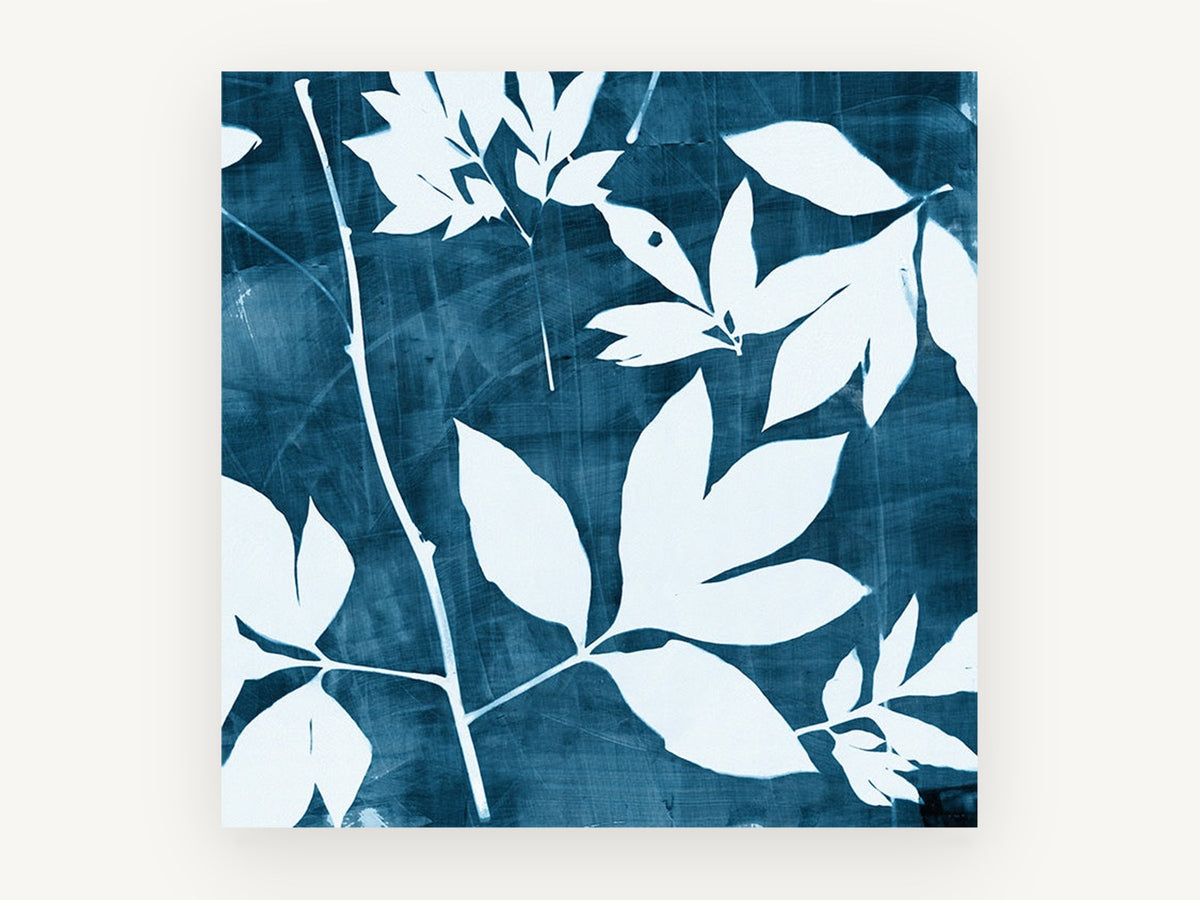 Indigo Leaf Silhouettes, floral canvas wall art print, front view